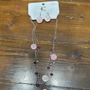 Pink Multi-Strand Pendant Necklace with Matching Earrings - Hypoallergenic